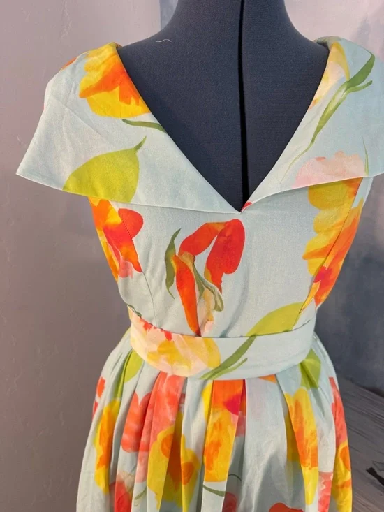 Floral Mint Green Midi Dress with Yellow & Coral Blooms #149 - Picture 6 of 10